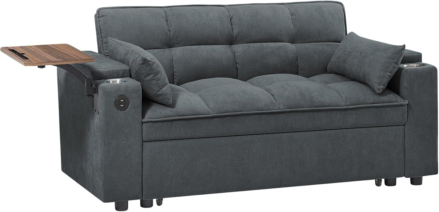 3 in 1 Queen Loveseat Convertible Sofabed Modern Living Room Multifunctional Sleeper Sofa Convertible Spacious Sofa Bed W/Pull Out Sleeper Couch Bed Armrests Storage,Cupholders,USB Ports ,Side Table
