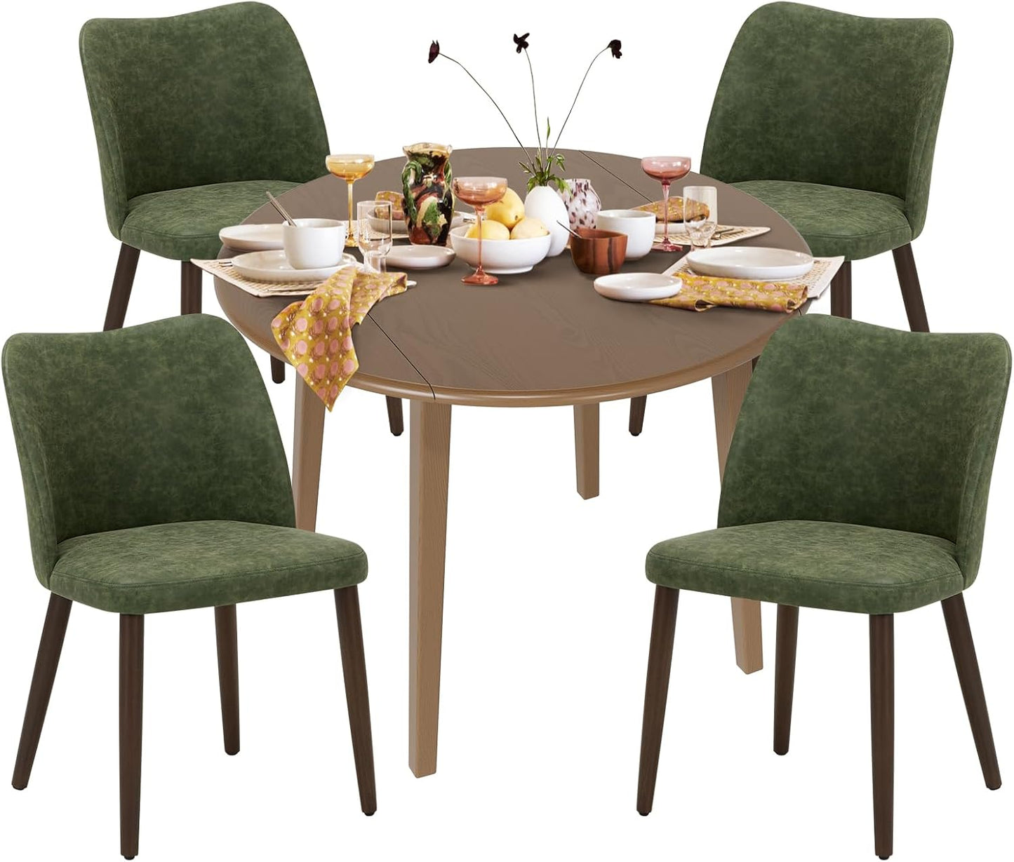 COLAMY 5-Piece Extendable Dining Table Set for 4, 36" Kitchen Round Wood Table with 4 Wooden Dining Room Chairs,Light Brown/Green
