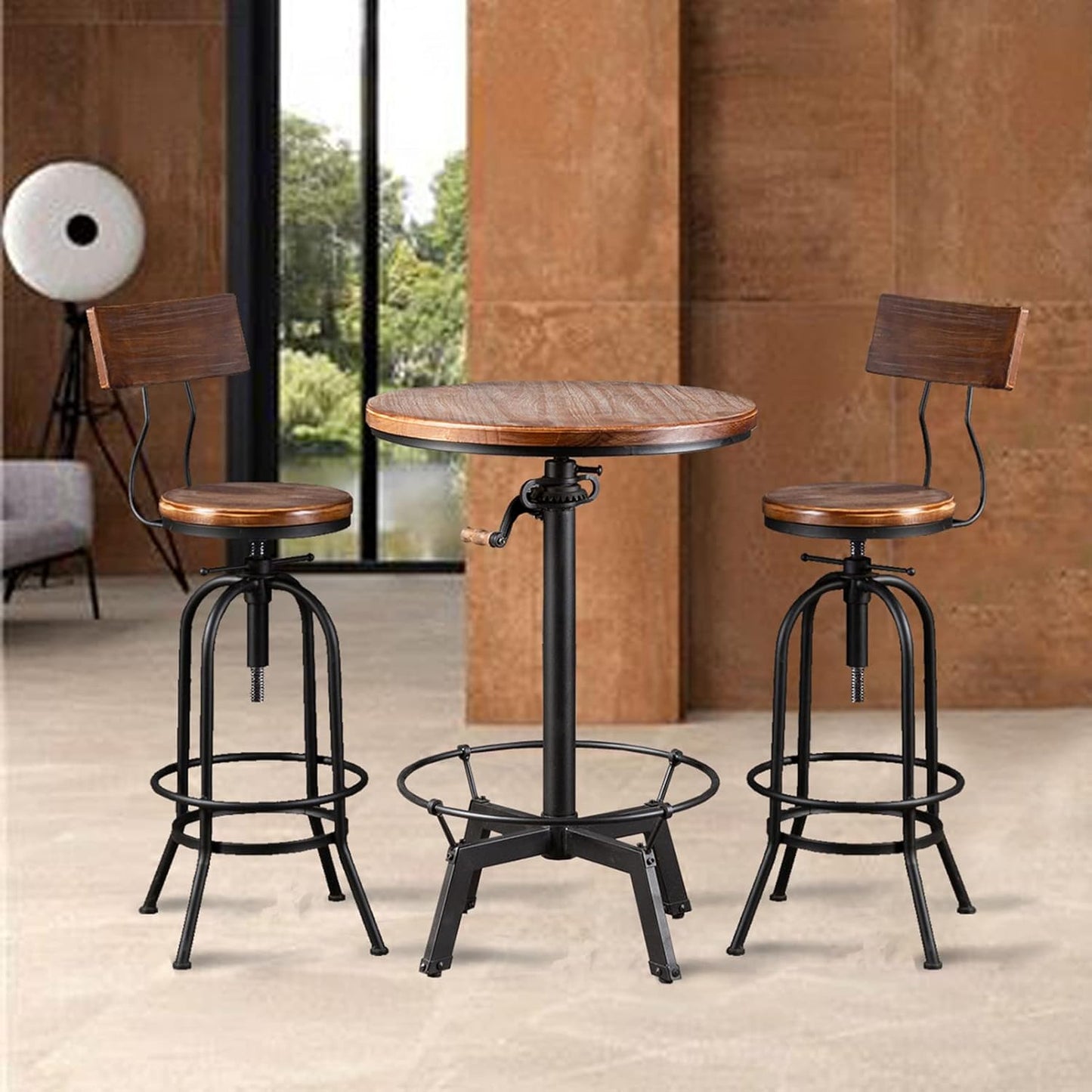 LOKKHAN Industrial Bar Stool-26-32 Inch Adjustable Swivel Round Wood Metal Kitchen Stool Rustic Farmhouse Counter Height Extra Tall Bar Height Stool-Arc-Shaped Backrest,Welded,Set of 2