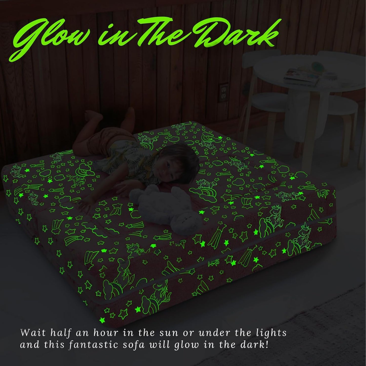 MeMoreCool Modular Kids Sofa,Toddler Play Couch Fold Out for Playroom, Glow in Dark Convertible Plush Unicorn Foam Chair for Baby Childrens