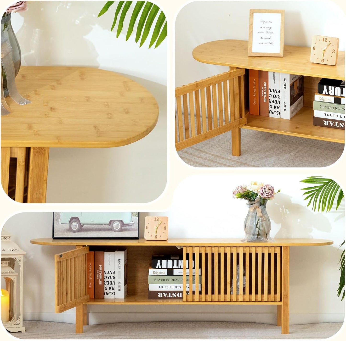 HollyHOME Bamboo TV Stand with Storage for TVs up to 65", Modern Entertainment Center with Fence Door, Accent TV Table with 2 Shelf, Media Console TV Stand for Living Room, Bedroom, Burlywood