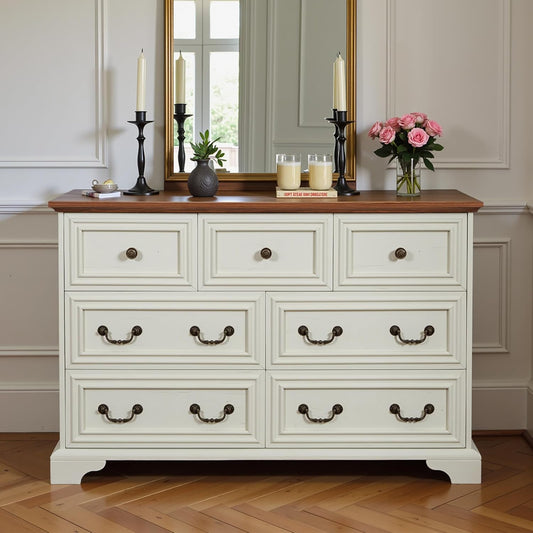 47.2" Farmhouse Sideboard Buffet Cabinet with Storage, Kitchen Buffet Storage Cabinet with 7 Drawers, Modern Wood Accent Sideboard for Living Room, Kitchen, Hallway(Antique Brown+White)