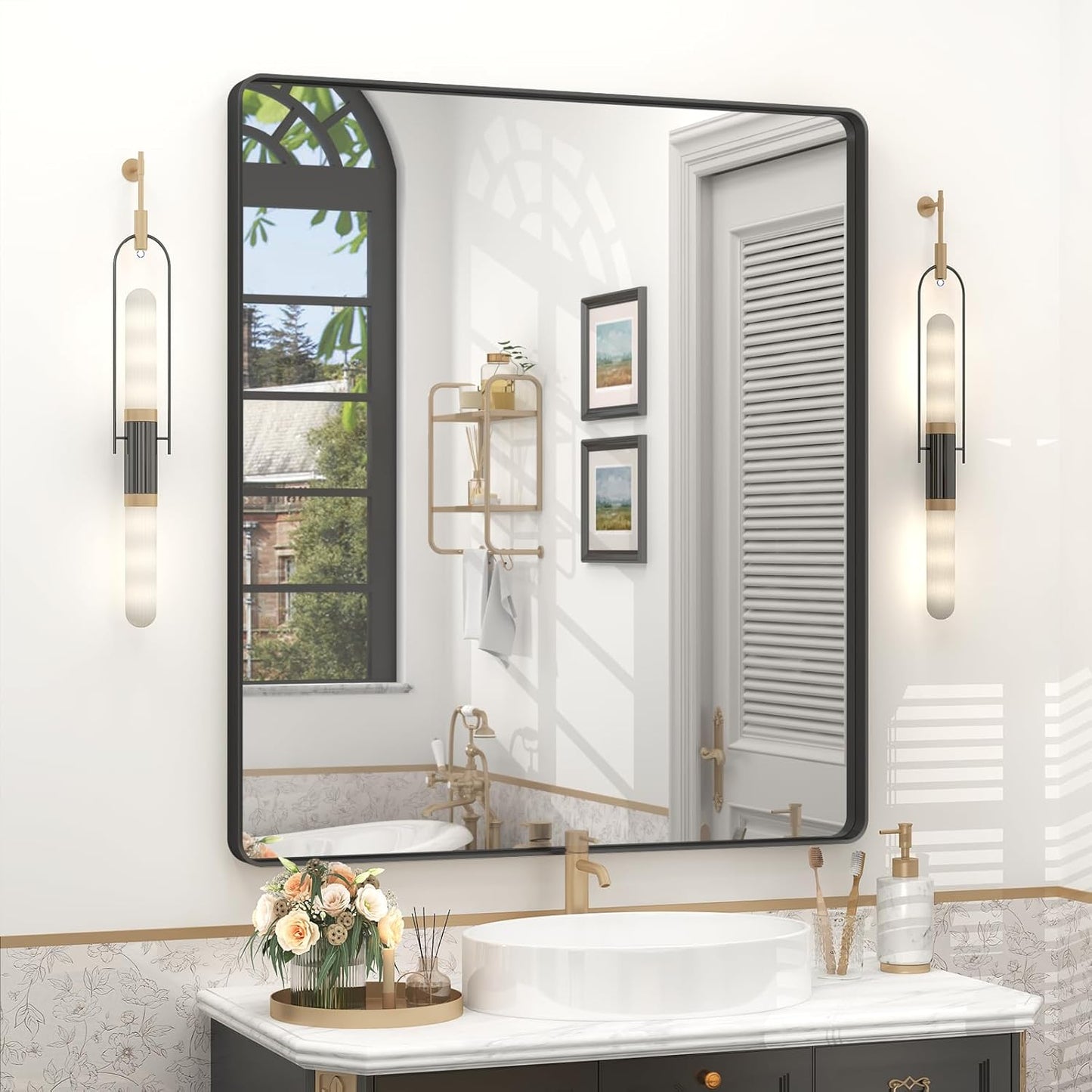 32x36 Inch Black Framed Bathroom Mirror for Wall, Matte Black Metal Frame Vanity Mirror, Rounded Corner Rectangle Bathroom Mirror, Anti-Rust, Shatterproof (Horizontal/Vertical)