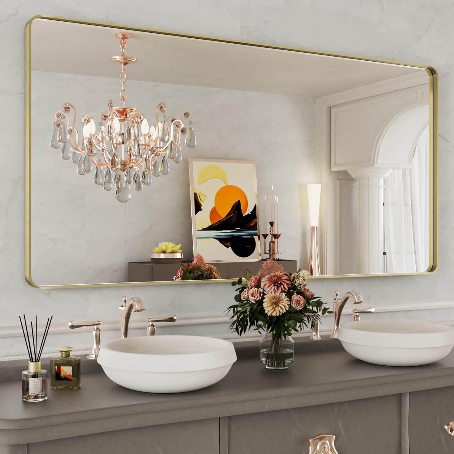 WEER Gold Bathroom Mirror, 60x30 Inch Brushed Gold Metal Frame, Rounded Rectangle Vanity Mirror for Wall, Tempered Glass, Anti-Rust, Hangs Horizontally or Vertically