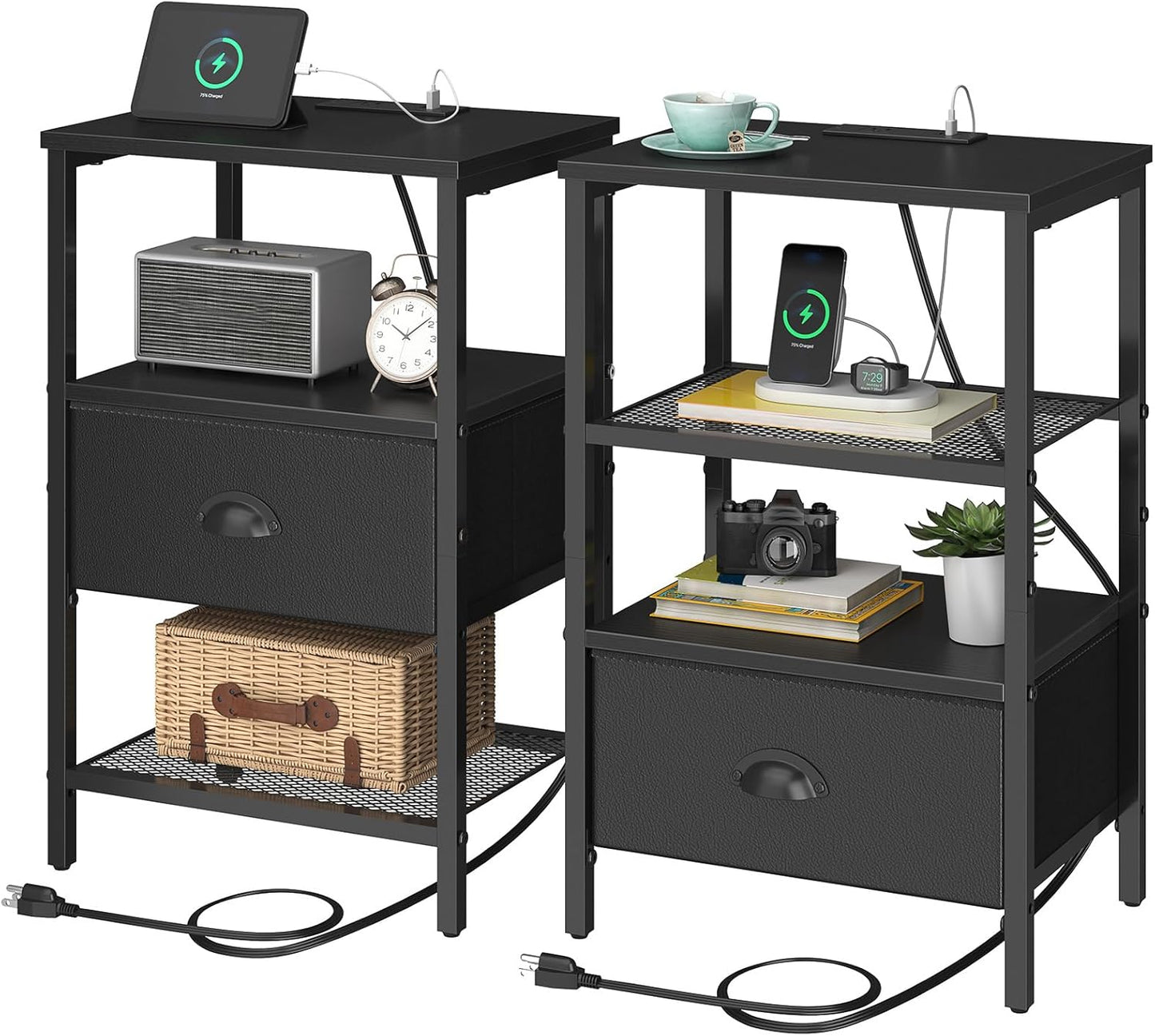 Nightstands Set of 2, Black Night Stands with Charging Station, Bedside Tables with Fabric Drawers PU Finish, 2-Tier Side Table with Open Shelf, Nightstands with Drawer,Black