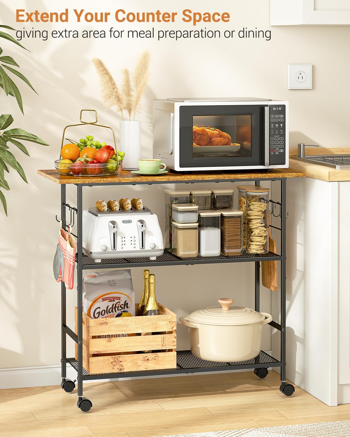 Kitchen Island with 3 Shelves, Rolling Kitchen Cart with 6 Hooks and Protective Shelf, Microwave Stand on Lockable Wheels, Bakers Rack Coffee Bar for Dining, Living Room, Outdoor, Metal Frame