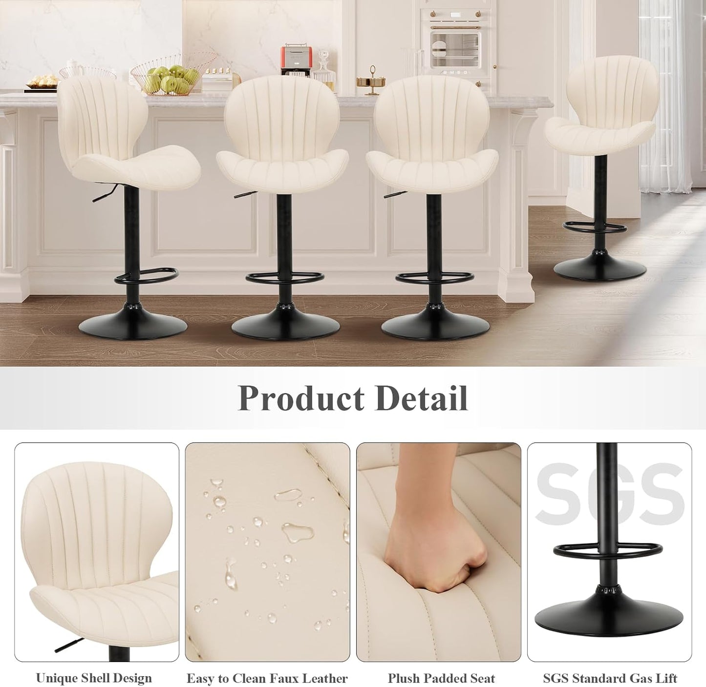 COLAMY Bar Stools Set of 2, Modern Swivel Bar Chairs, Adjustable Faux Leather Upholstered Barstools Counter Height with High Backrest for Bar, Kitchen Island, Dining Room, Beige