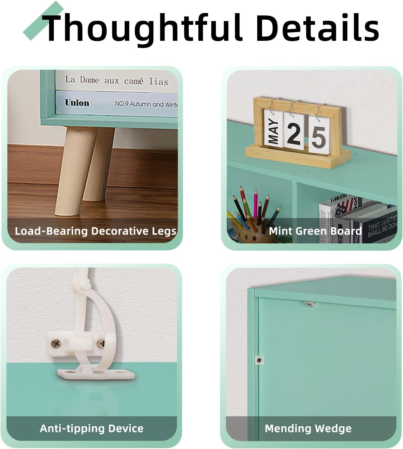 LEYAOYAO 10 Cube Bookshelf,3 Tier Modern Wide Bookcase with Legs,Mid-Century Wood Bookshelves Storage,Mint-Green Large Book Case,Freestanding Organizer Display Shelf for Bedroom,Living Room,Office