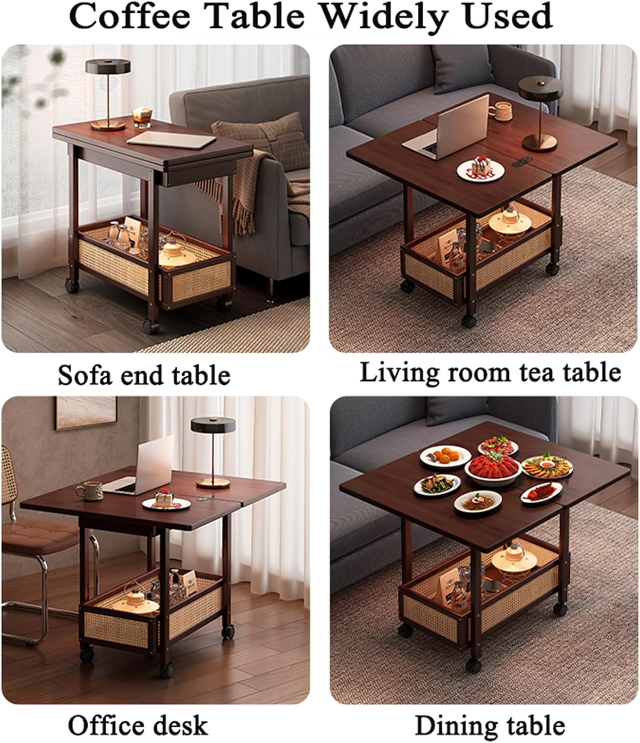 C-Shaped End Table, Sofa Side Table with Rotating Wheels, Rolling End Table with Storage, Small Couch Side Table for Bedroom, Swivel Tray Table for Living Room, Office (Square)