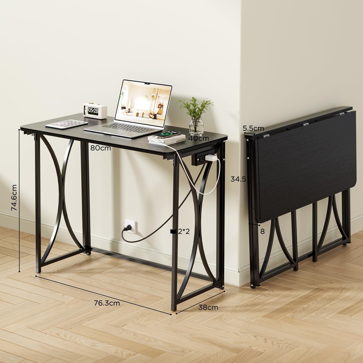 Folding Desk, 31.5" Small Desk for Bedroom with Power Outlet, Space Saving Foldable Computer Desk for Home Office, Easy Assembly, Black