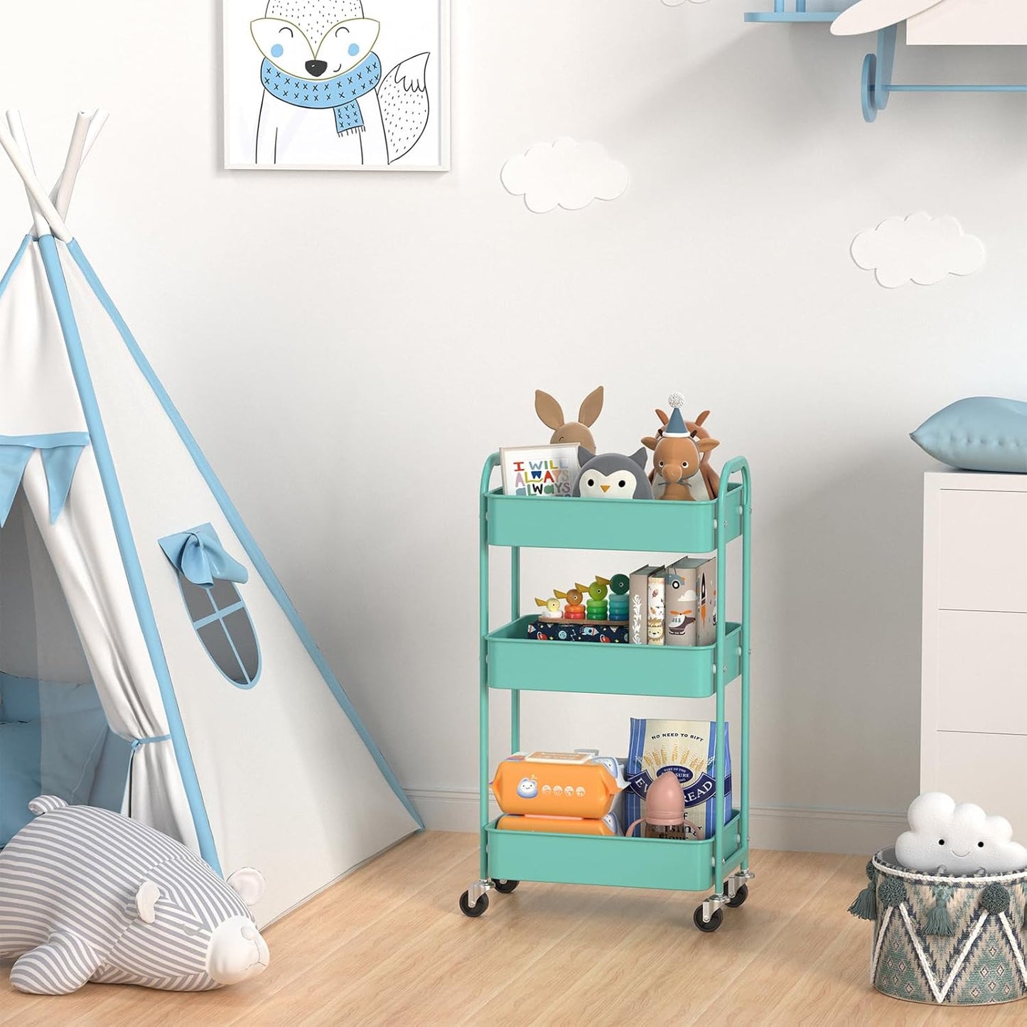 MAX Houser 3-Tier Rolling Utility Cart with Caster Wheels,Easy Assembly, for Kitchen, Bathroom (Turquoise)