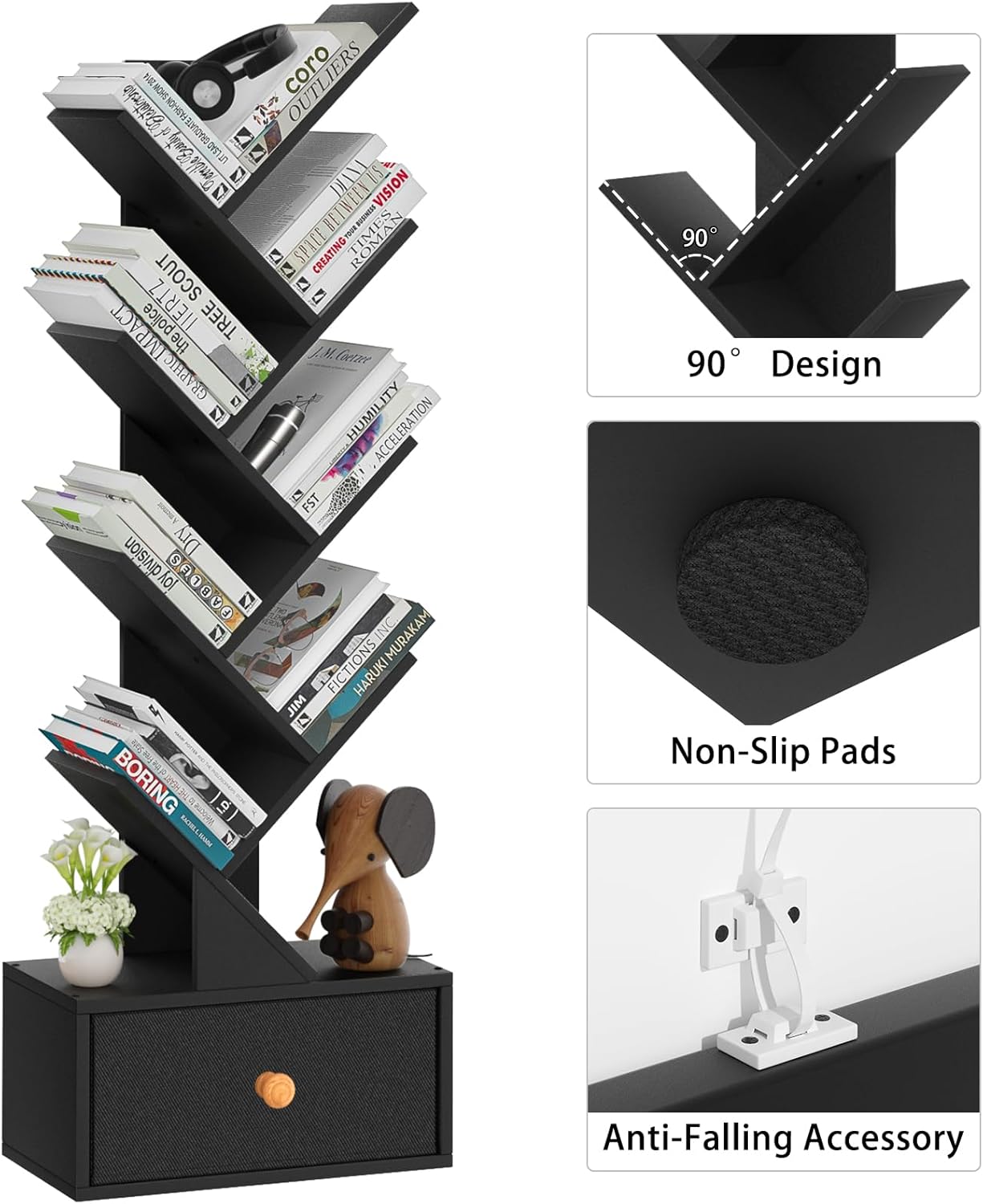 8 Tier Tree Bookshelf with Drawer, Free Standing Wood Bookcase for Living Room, Bedroom, Home Office, Space Saving Storage Organizer Bookshelves for Books, CDs, Vinyl Records- Black