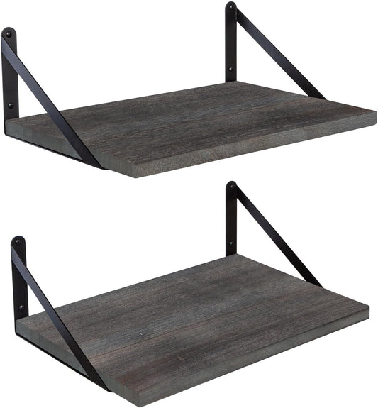 SAUMONIERES Floating Shelves Wall Bookshelf for Bedroom Bathroom Living Room Wood Wall Mounted Wide Deep Storage, Rustic Grey Wall Shelves Set of 2