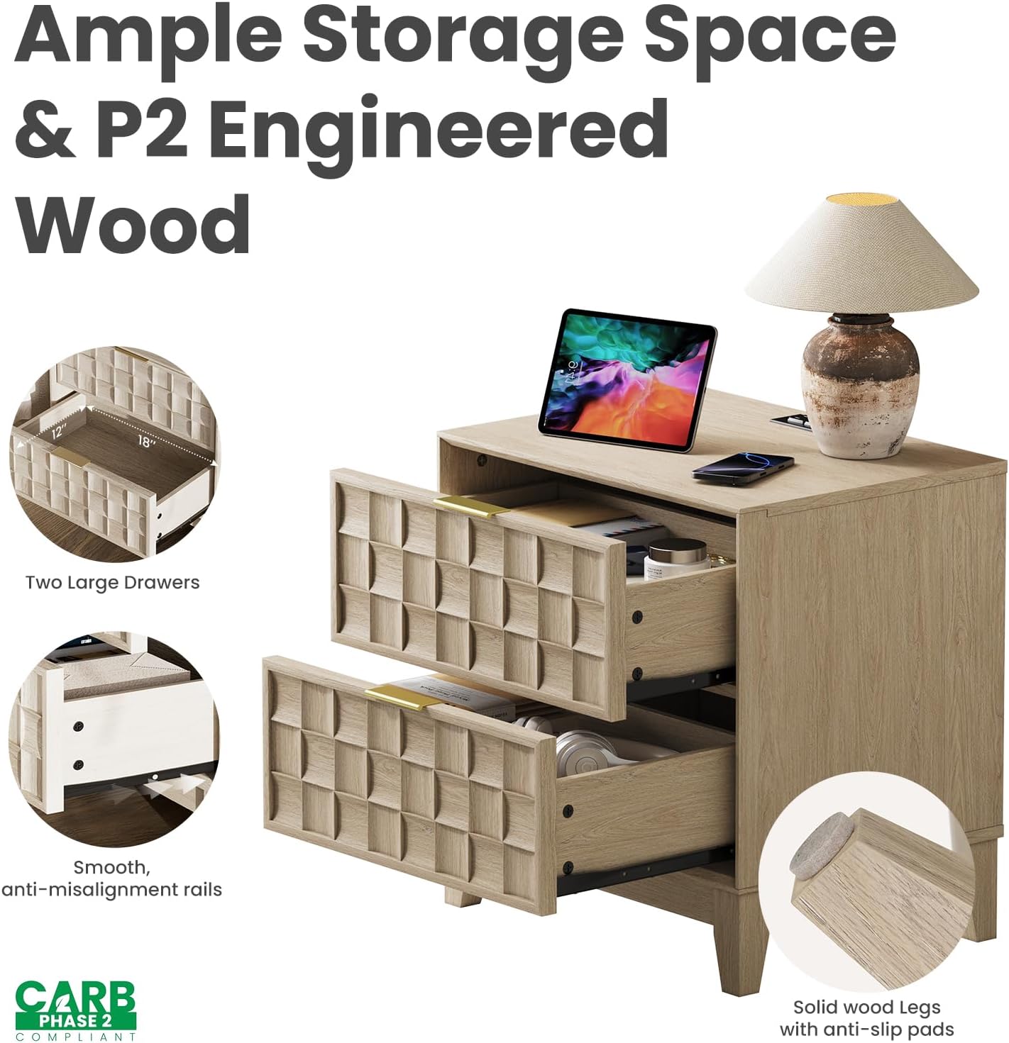 COLAMY Night Stand Set of 2, Nightstand with Charging Station, 22" Modern Bed Side Table with 2 Storage Drawers and Chessboard Relieffor Bedroom, Dorm and Small Spaces - Oak