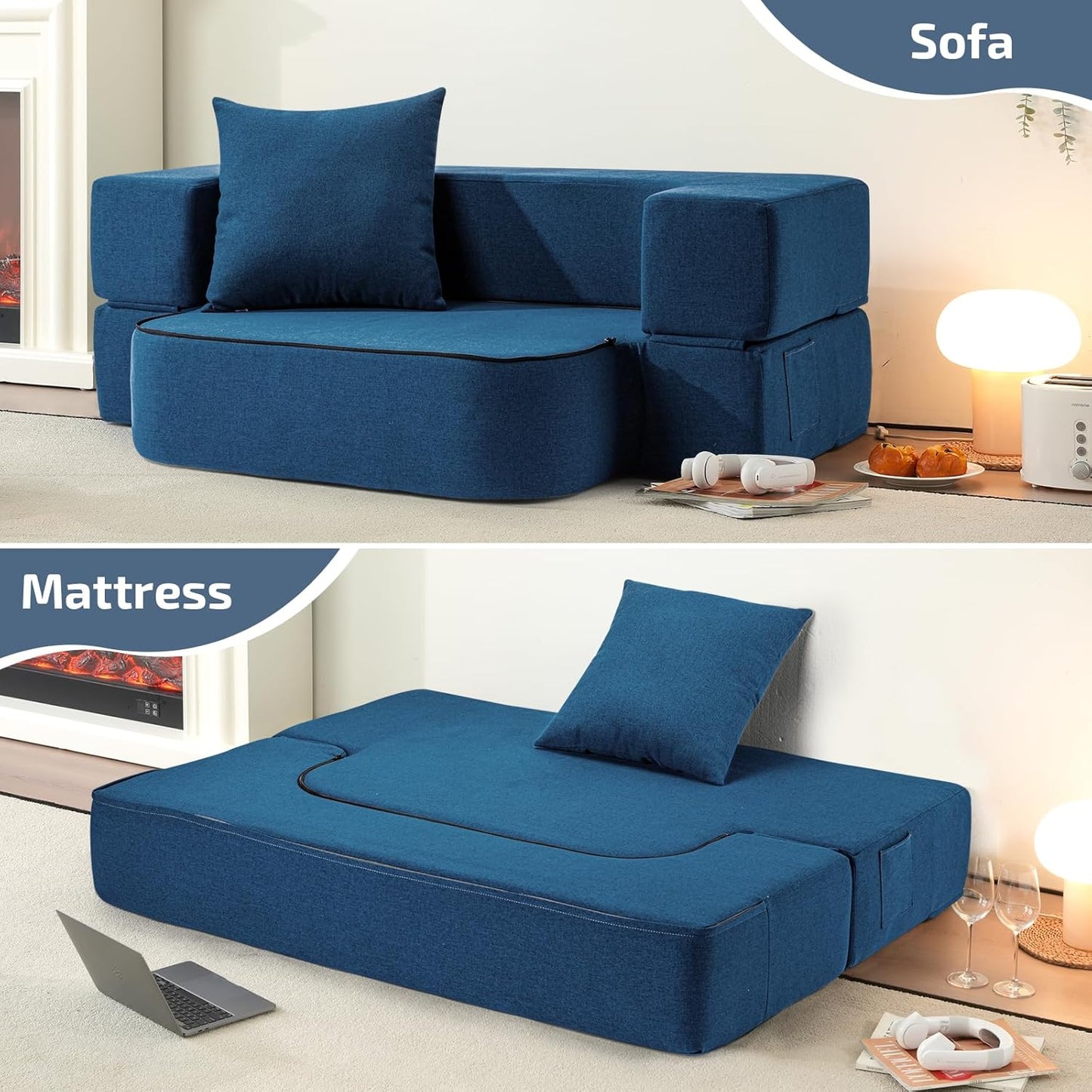 2-in-1 Folding Sofa Bed with Pillow - Folding Chair Floor Couch & Sleeping Mattress - Washable Cover & Memory Foam Sleeper Chair for Living Room/Guest Room/Apartment/Loft, Navy Blue