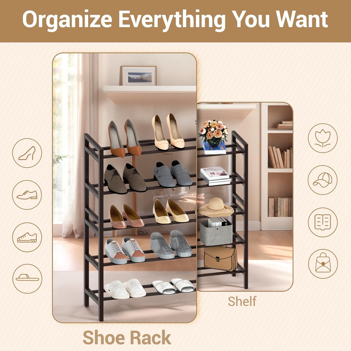 Haddockway Bamboo Shoe Rack for Closet, Free Standing Shoe Organizer with Smooth Round Rods & Convenient Handles, Stackable Shoe Storage Shelf for Entryway, Hallway(Brown, 5-Tier)