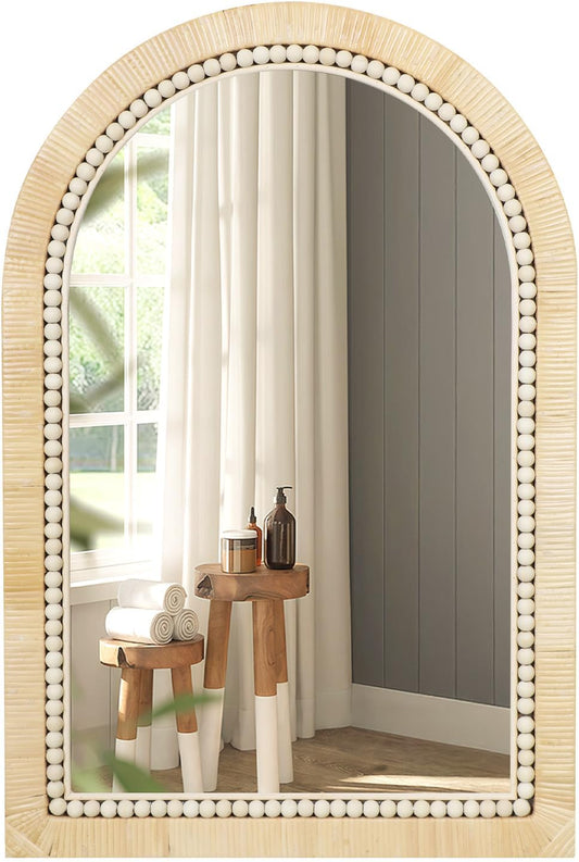 ULIKE Rattan Mirror for Bathroom, 24x36 Inch Arch Rustic Farmhouse Wall Decor with Handmade Wicker Frame, Boho Mirror for Nursery Bedroom Living Room Entryway