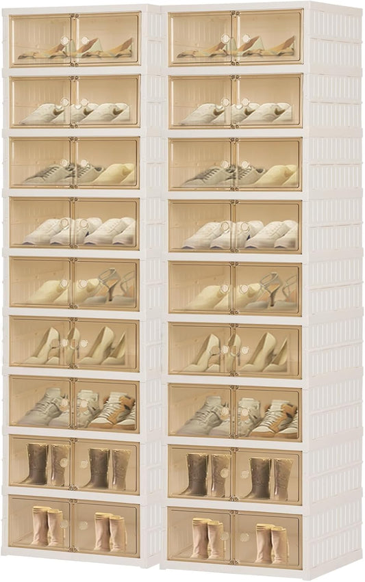 Foldable Shoe Organizer Storage Box, Portable Extra Large Folding Shoe Rack for Closet, Shoe Storage Box with Magnetic Transparent Door and Wheels, 9 Layers 18 Grids for 2 PCS