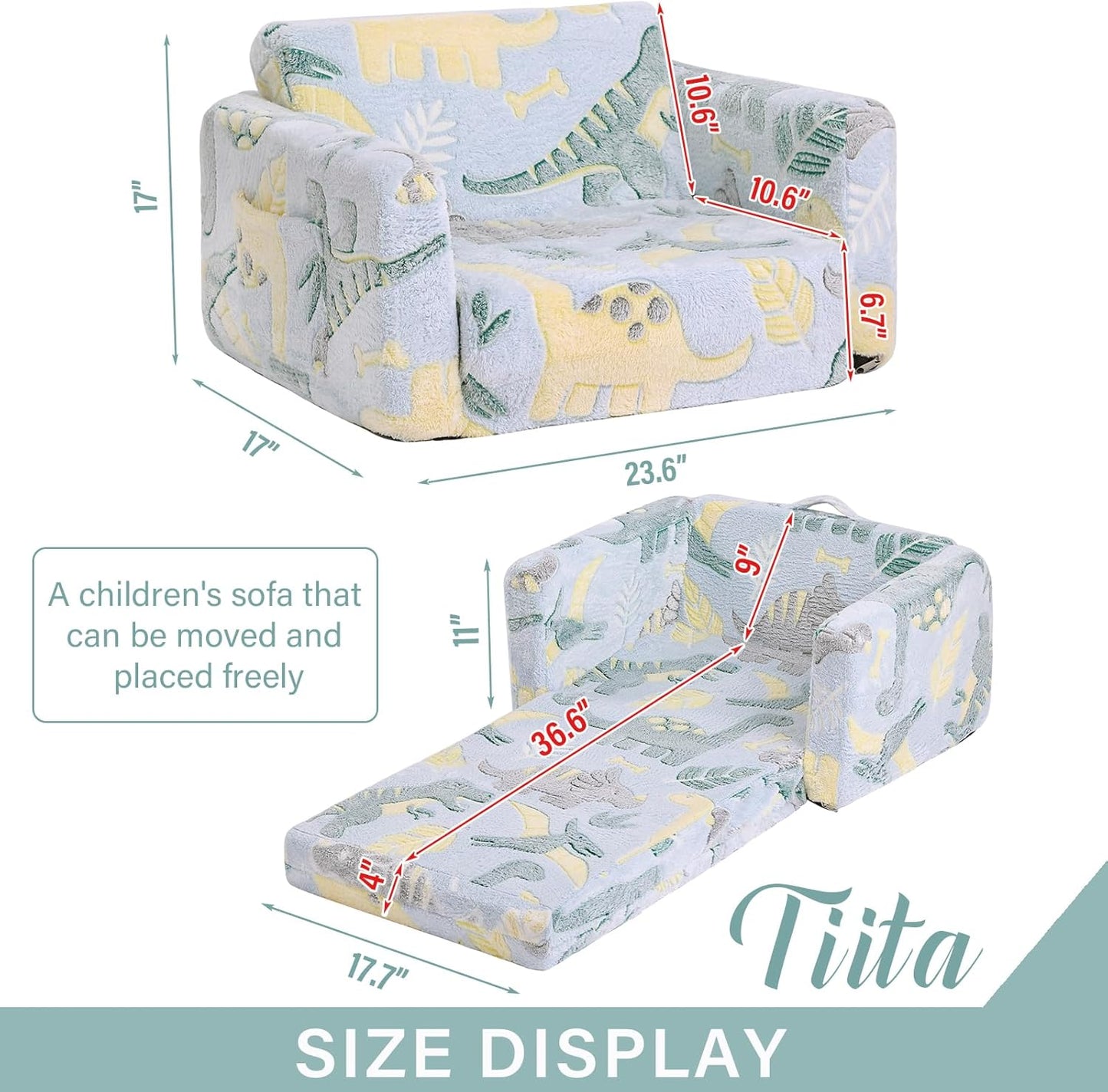 Tiita Kids Sofa, 2-in-1 Kid Sofa, Convertible Children Couch to Lounger, Flip Out Kids Chair, Glow in The Dark Toddler Armrest Chair Bed for Girl or Boy (Grey Dinosaur)