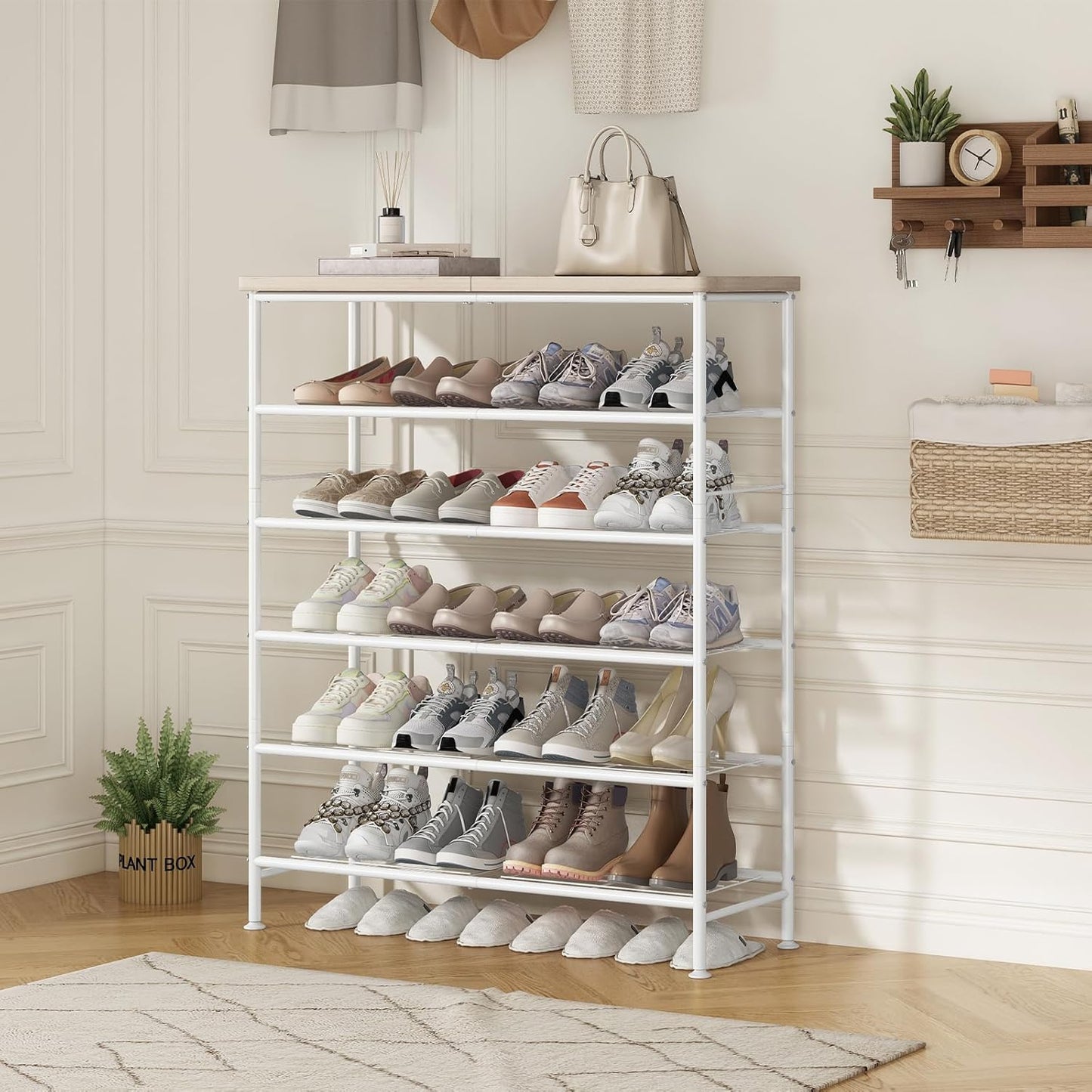 Shoe Rack Organizer 6 Tier for Closet Entryway Free Standing Metal Storage Shoe Shelf with MDF Top Board，White+Oak