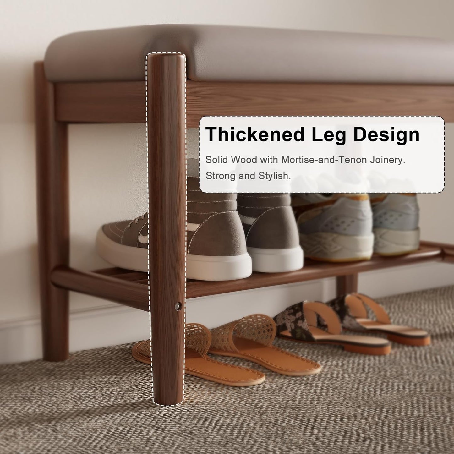 Shoe Bench Entryway with Cushion, Solid Wood Bench with Shoe Storage, 2-Tier Shoe Rack Bench for Entryway,Hallway (Gray)