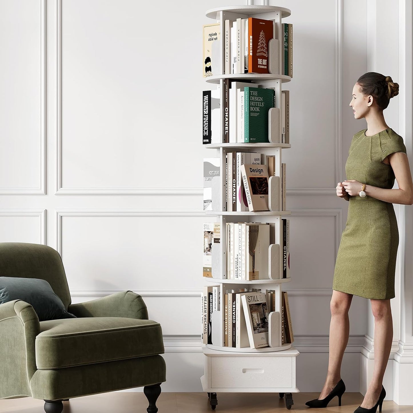 Solid Wood Rotating Bookshelf Tower, 5 Tier Spinning Bookcase with Drawer, 72" Floor Standing Revolving Bookshelf on Wheels, Corner Bookcase for Small Space, White