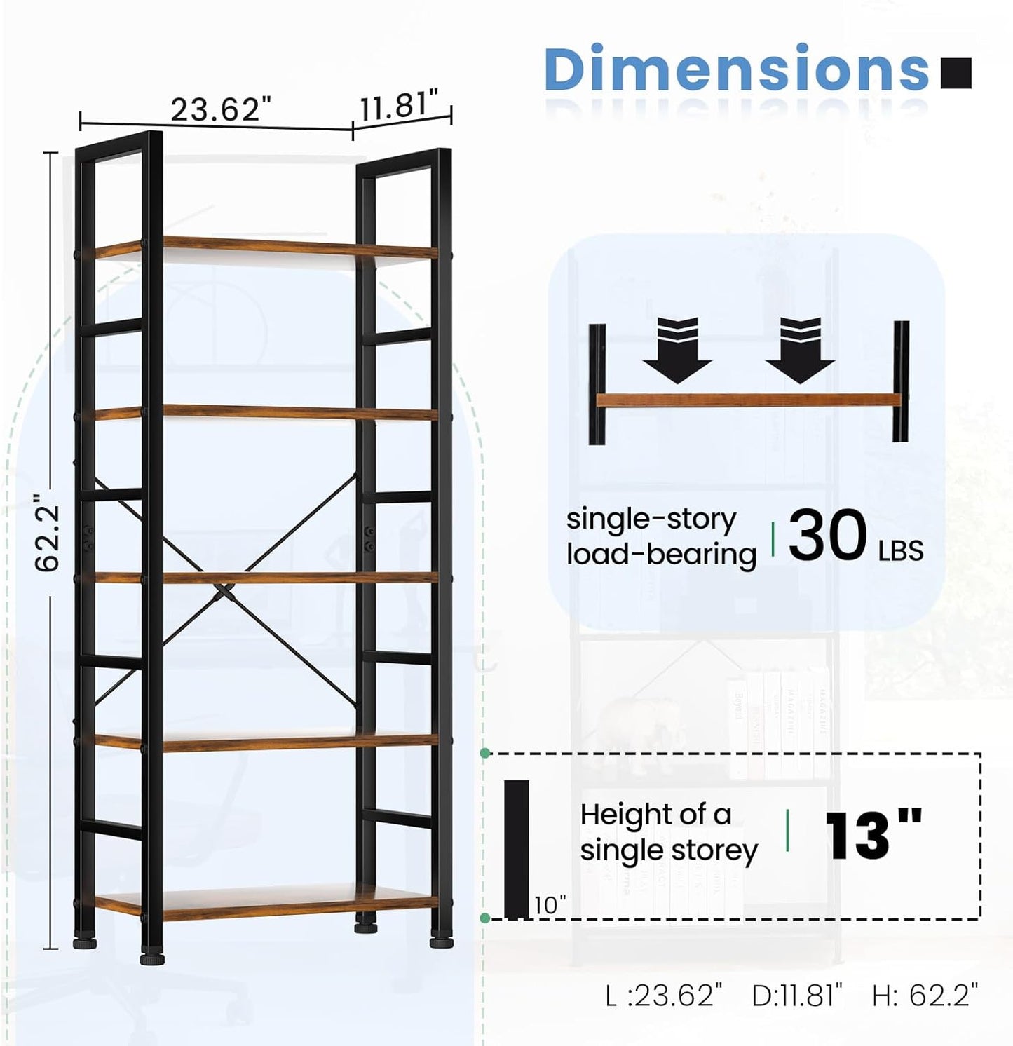 DUMOS 5 Tiers Bookshelf, Classical Modern Book Shelf, Tall Display Shelves in Living Room/Home/Office, Storage Organizer for CDs/Books/Movies, Rustic Brown