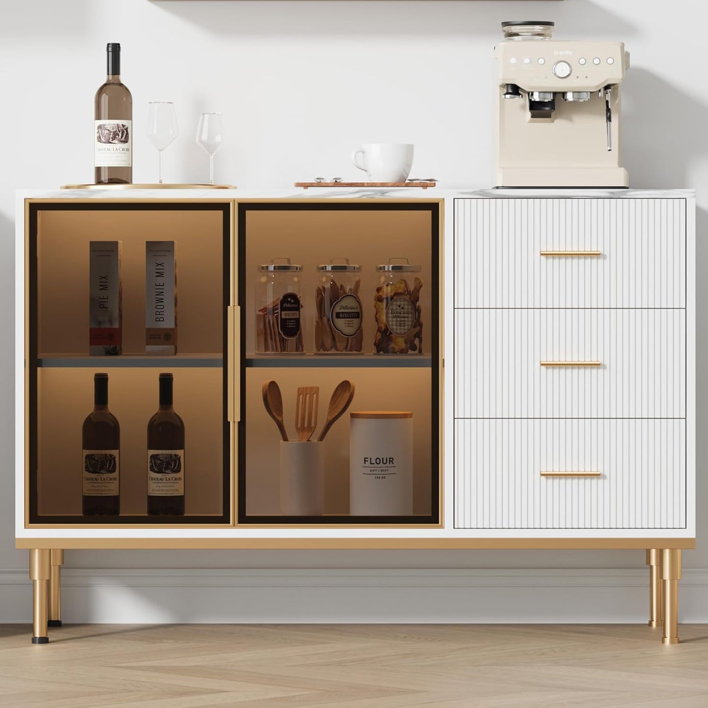 Buffet Sideboard Cabinet with Storage, 46.4" Large Fluted Kitchen Sideboard Cabinet with 2 Glass Doors 3 Drawers and Shelves, Faux Marble Top Buffet Table for Dining Room, Living Room, White