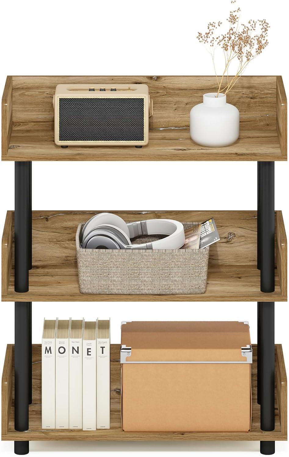 Furinno Turn-N-Tube 3-Tier Multipurposes Display Rack, Open Shelf Rack/Storage with Back & Side Panel, Flagstaff Oak/Black