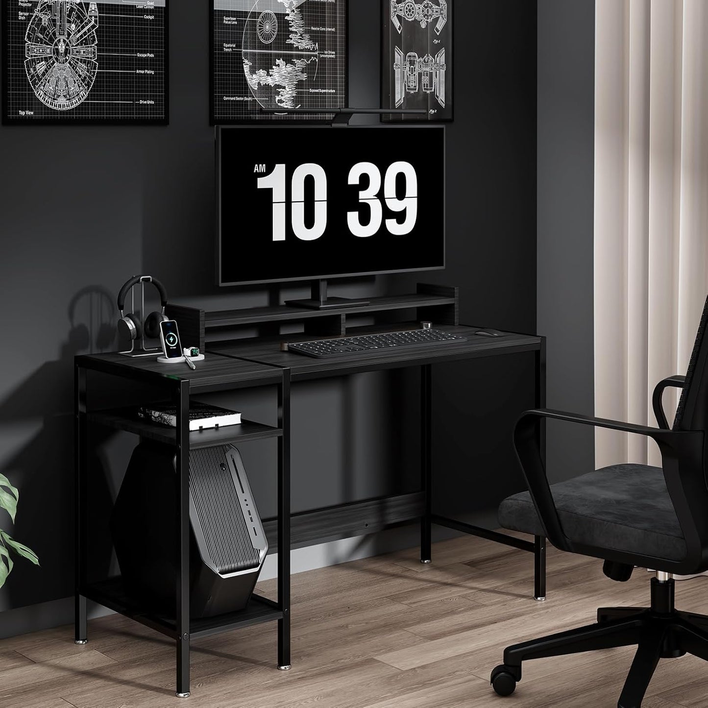 Computer Gaming Desk with Monitor Stand, Home Office Desk Suitable for 2 Monitors, Writing Desk with Adjustable Storage Space,Sturdy and Durable Modern Small Desk (Black, 47 inchs)