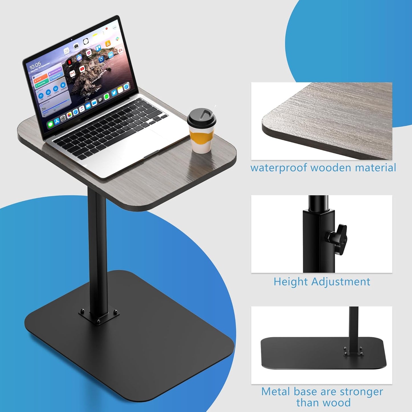 Side Table Sofa Tray for Couch Heavy Metal Base Swivel/Adjustable Height, Sofa Bed Bathroom Study TV Tray C Shaped End Table Food Snack Trays for Eating