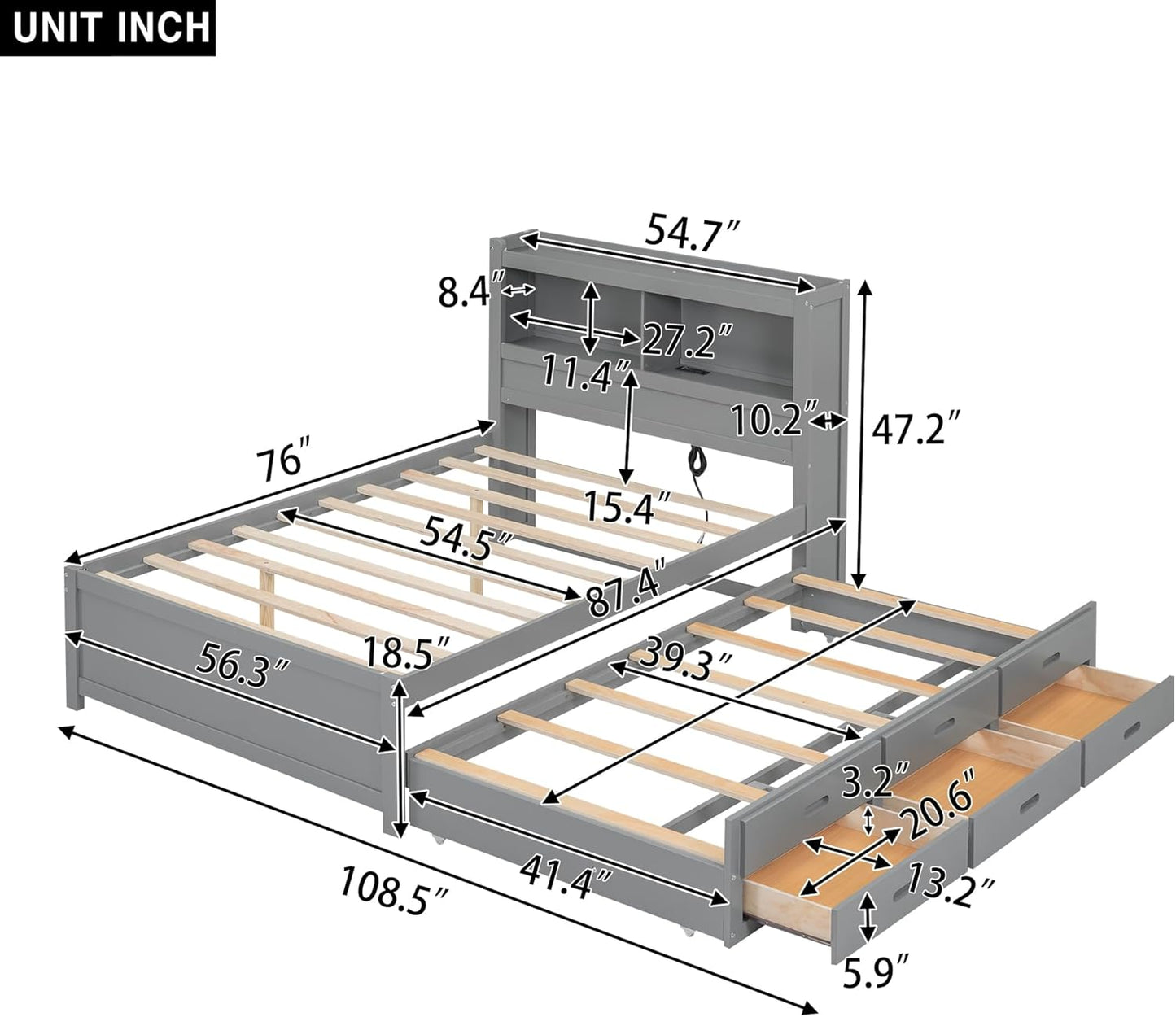 Full Size Pine Wood Platform Bed with Trundle,Drawers,2 Ports and 2 USB Plugs,Storage Bed with Pull Out Shelves,No Box Spring Needed,Perfect for Adults,Teens Bedroom Furniture,Gray
