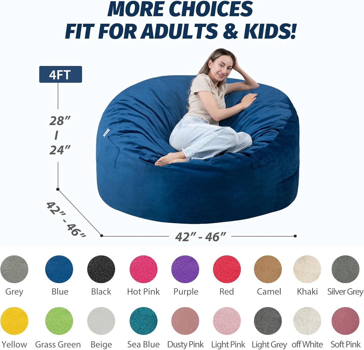 4FT Bean Bag Chair with Ultra Soft Velvet Cover Bean Bag Sofawith Memory Foam Bean Bag Chairs with Large Size Lazy Sofa for Dorm Office Living Room Bedroom Blue 4'