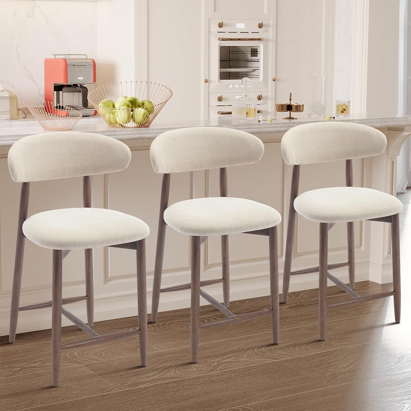 COLAMY Counter Height Bar Stools Set of 3, Upholstered Barstools with Back, Mid Century Modern Stools with Wood Legs for Kitchen Island Dining Room, Beige
