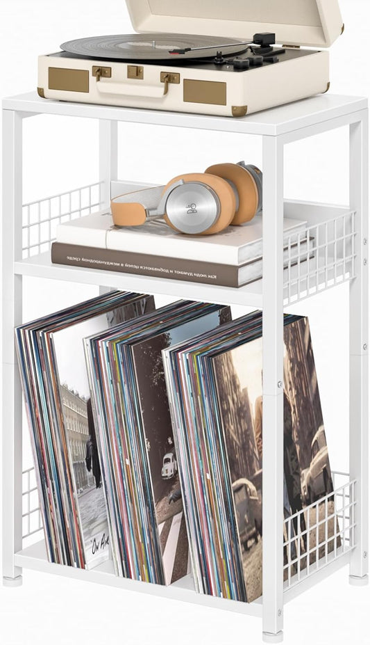 LELELINKY White Side Table with Storage, Small End Table Printer Stand for Small Spaces, Record Player Stand with Vinyl Storage, Sofa Night Stands for Living Room Bedroom