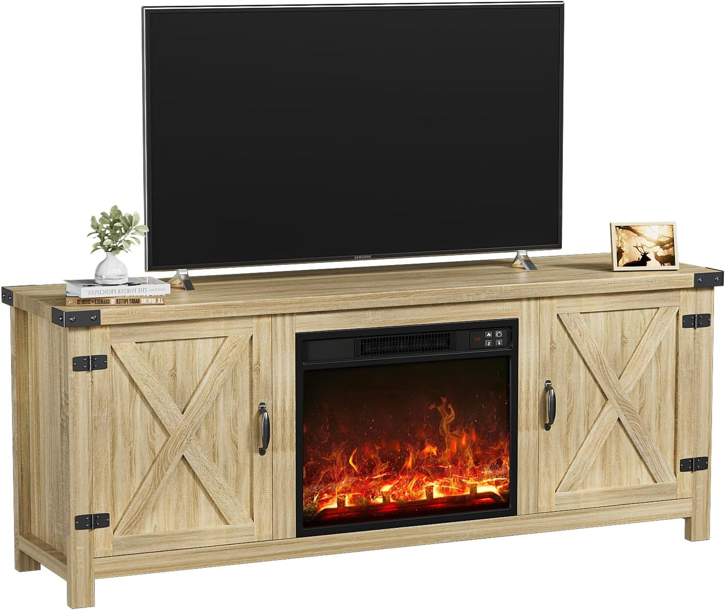 YESHOMY Fireplace TV Stand with Two Barn Doors and Storage Cabinets for Televisions up to 65+ Inch, Entertainment Center Console Table, Media Furniture for Living Room, 58 Inch, Natural Oak