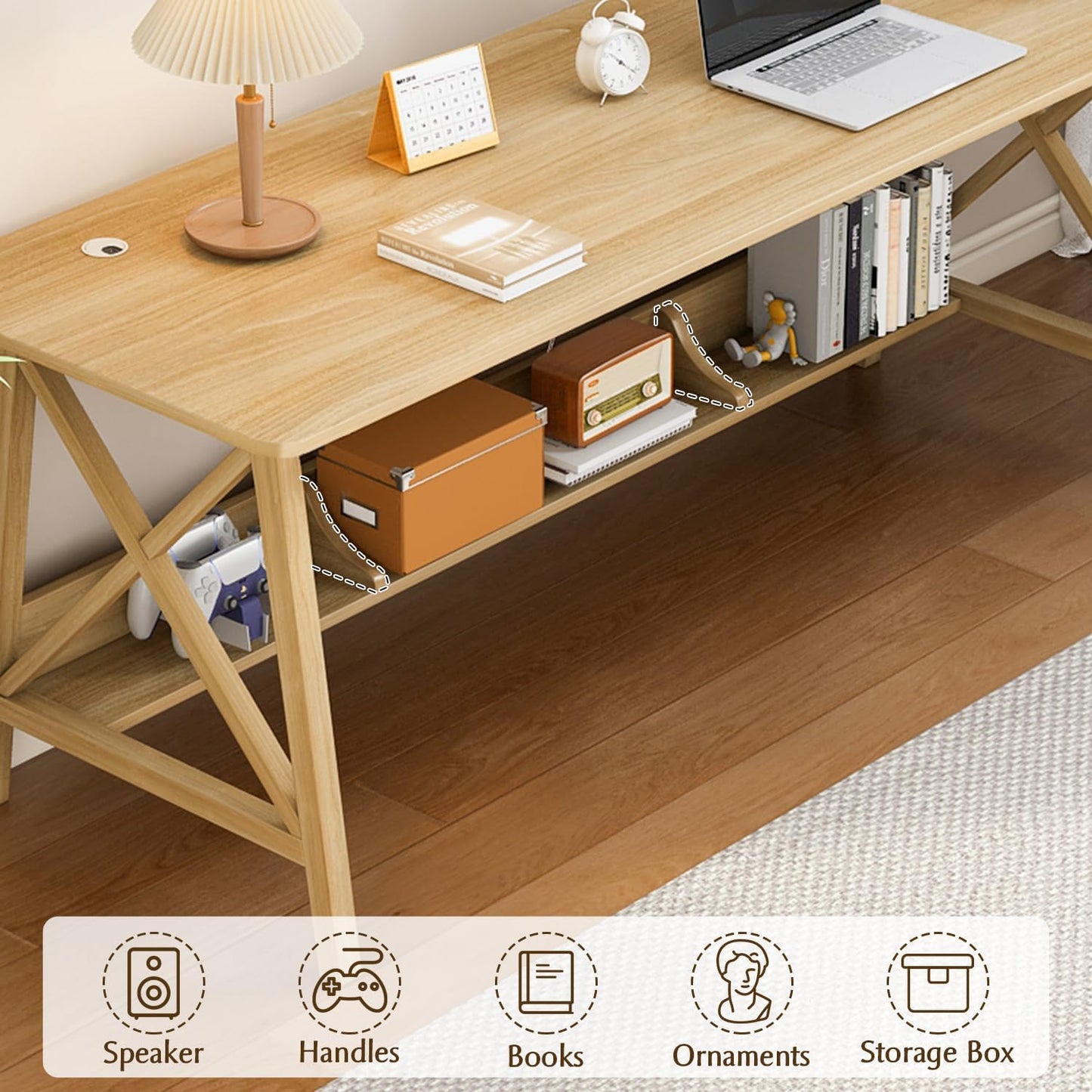 Extra Long Desk with Bookshelf - Wooden Home Office Work Study Table, 2-Person Writing Computer Workstation with Storage Shelf in Oak, 63" Wx20 Dx30 H