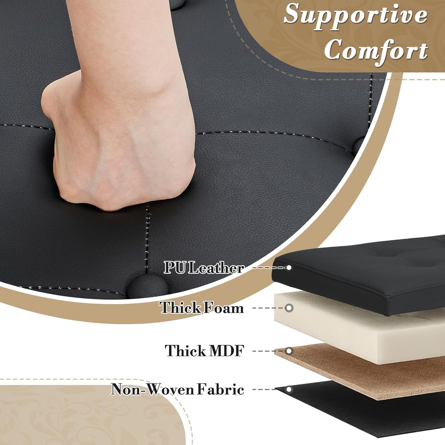 Athena Collection 24.5 Inch Small Ottoman with Storage, Round PU Leather Storage Ottoman Foot Rest with Removable Lid, Multipurpose Footstool Footrest for Livingroom, Bedroom, Dorm, Black