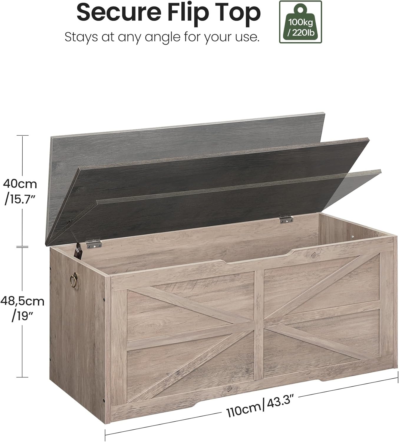 Storage Chest, 43.3" Wooden Storage Trunk, Retro Storage Bench with Safety Hinge, Toy Box, Farmhouse Style, for Bedroom, Living Room, Charcoal Gray and Greige MCW11HC