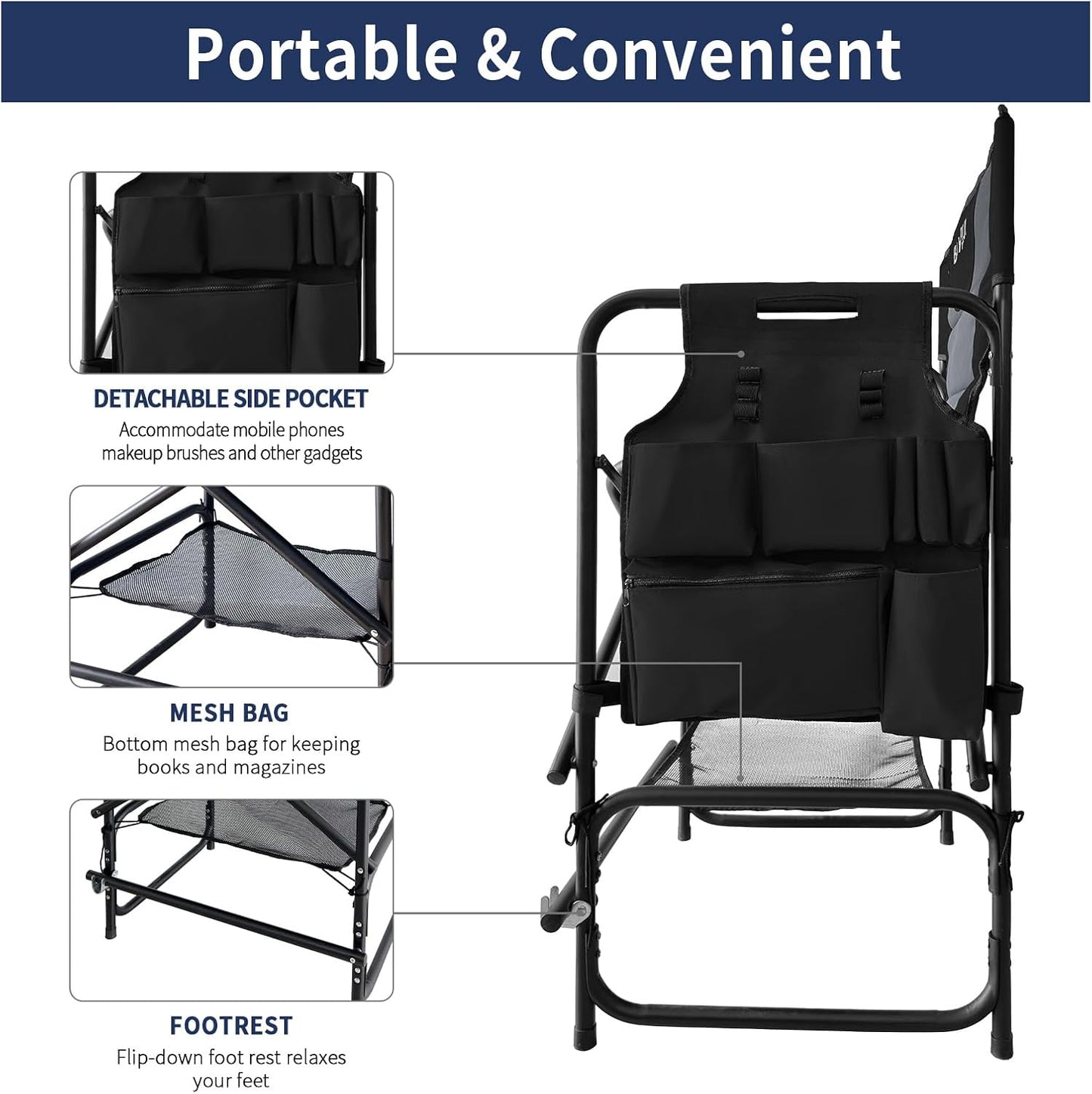 Tall Folding Directors Chair with Side Table 26.77" Seat Height Foldable Camping Chair Bar Stool for Makeup Artist Face Painting with Footrest and Storage Pocket Supports 350LBS