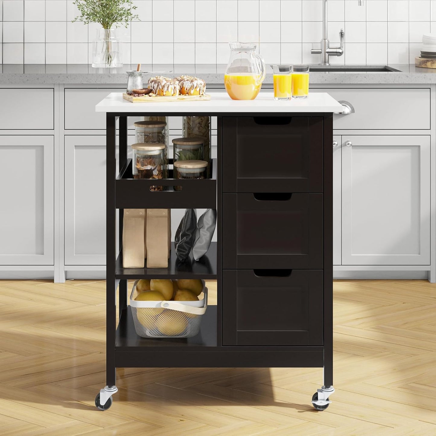 YITAHOME Small Solid Wood Top Kitchen Island Cart on Wheels with Storage, Rolling Portable Dining Room Serving Utility Carts Mobile Movable with 3 Drawers Cabinet, Dark Brown