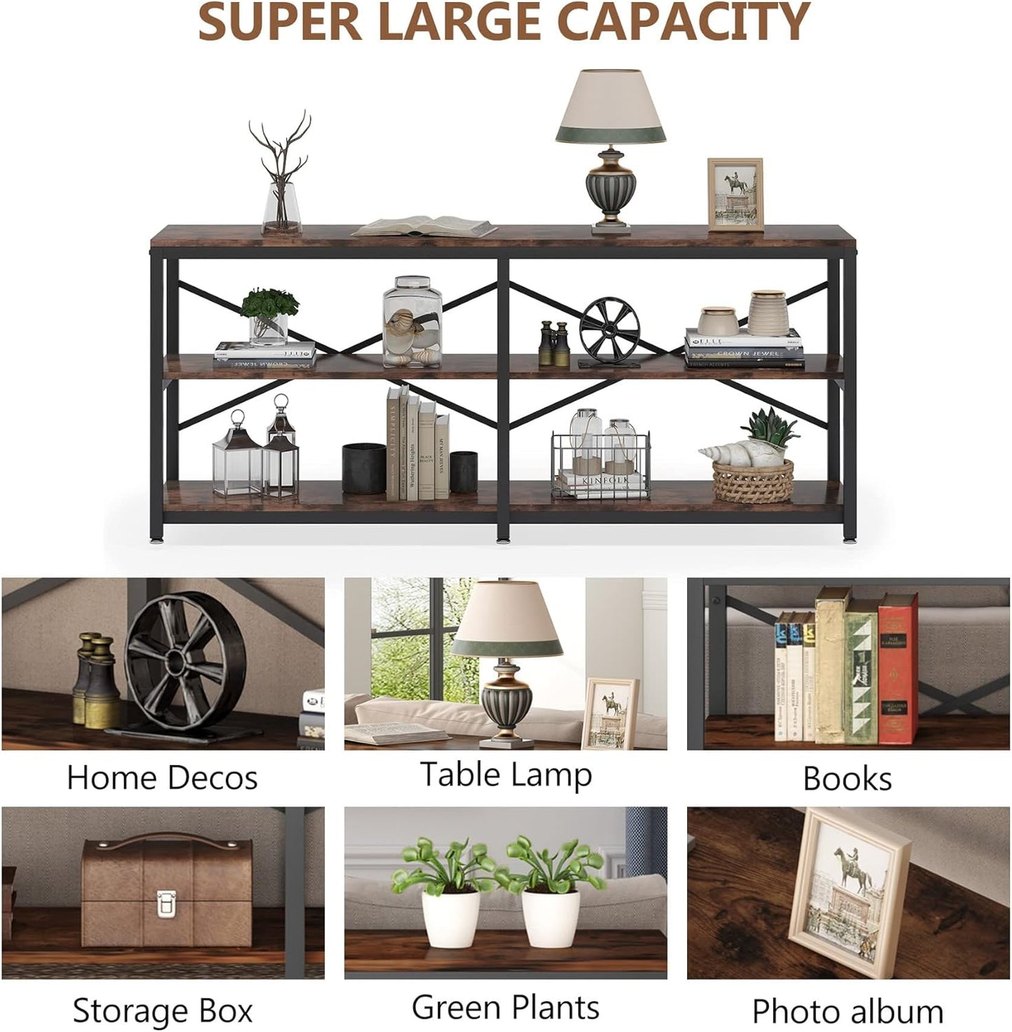 Tribesigns 70.9 Inch Extra Long Console Table, Modern Sofa Table Behind Couch Table with Storage Shelves, 3-Tier Industrial Hallway Entryway Table for Living Room, 3 Shelf Bookshelf(Brown)