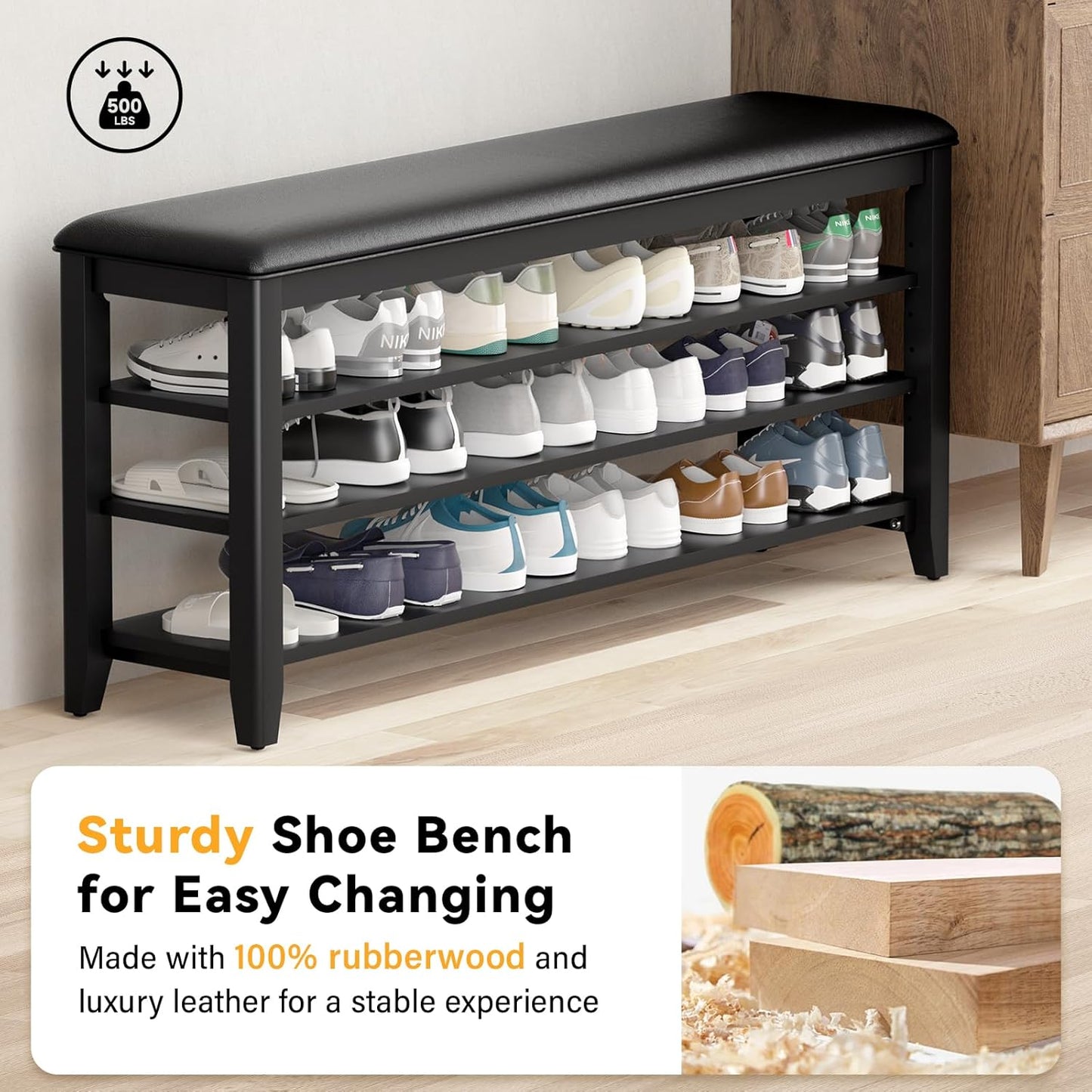 Shoe Bench Storage Rubberwood with Leather Cushion for Entryway Bench Ideal for Hallways Shoe Rack Front Doors Entrances Mudrooms Featuring 3 Height-Adjustable and Removable Shelves