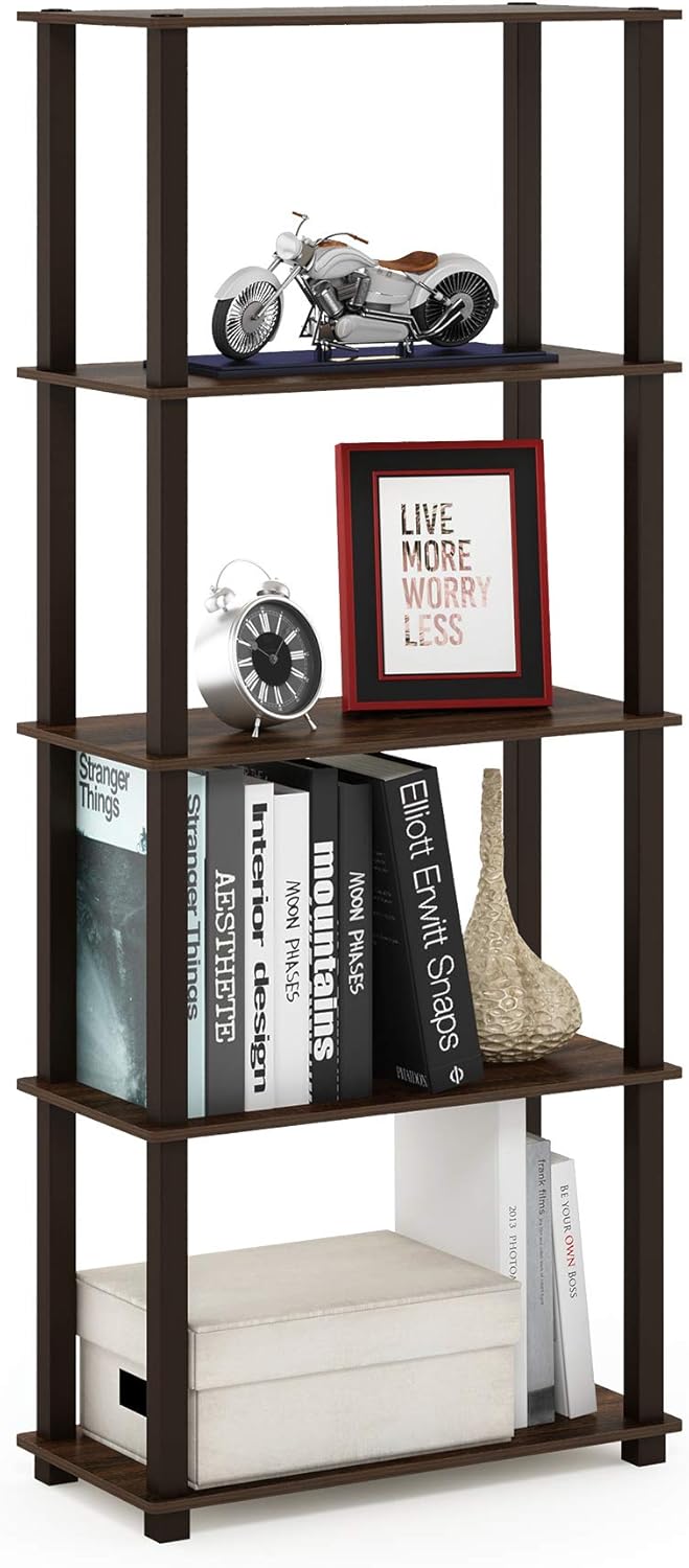 Furinno Turn-N-Tube 5-Tier Multipurpose Shelf / Display Rack / Storage Shelf / Bookshelf, Square Tubes, Walnut/Brown