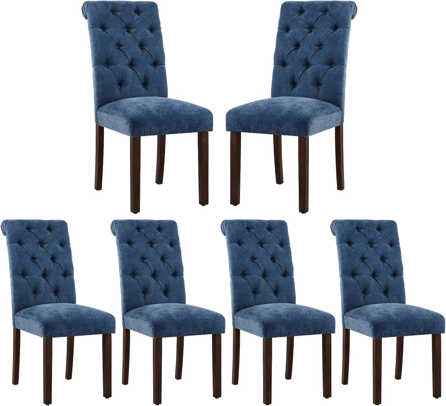 COLAMY Button Tufted Dining Chairs Set of 6, Parsons Upholstered Fabric Dining Room Chair Kitchen Chairs with Wood Legs and Padded Seat, Blue