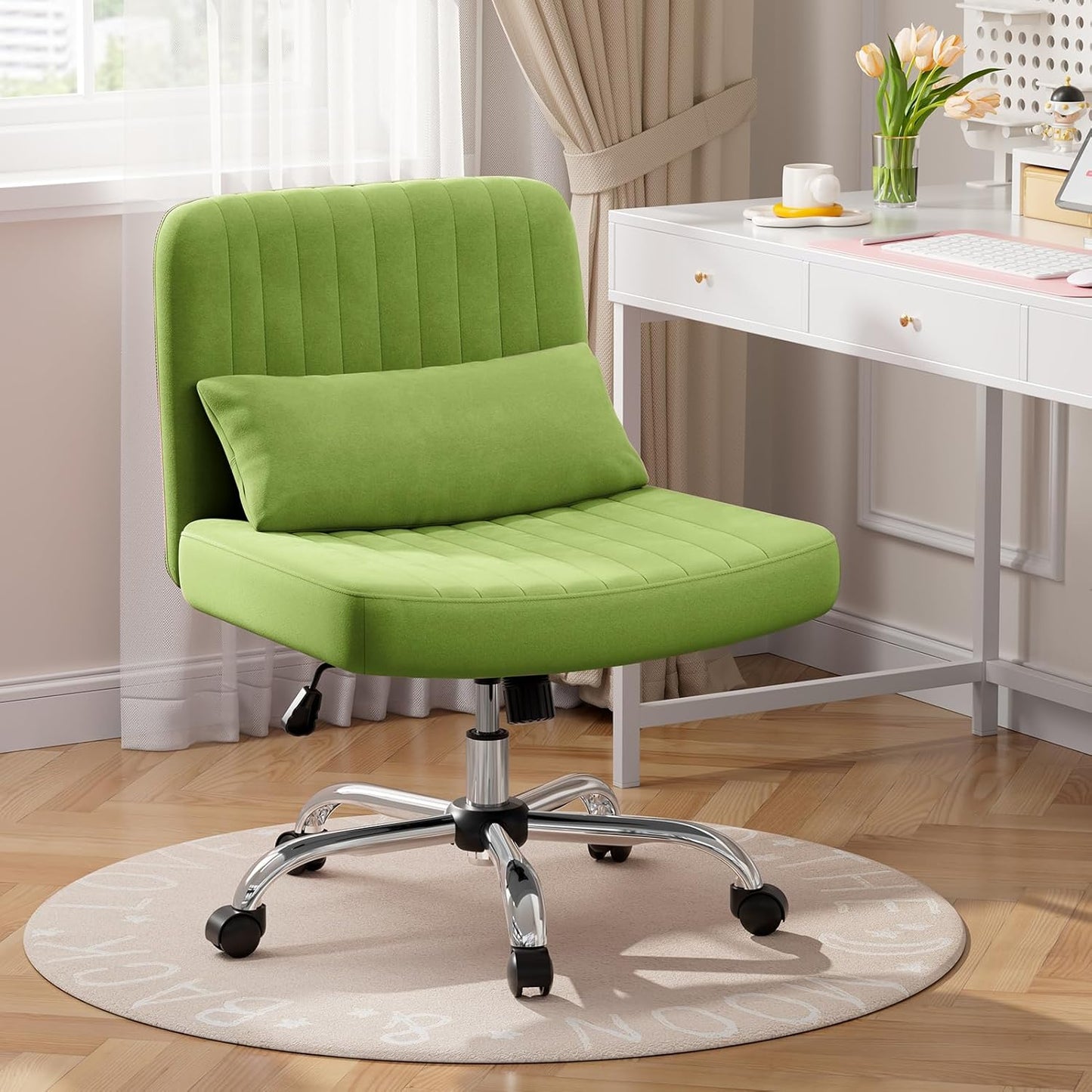 Warmiehomy Criss Cross Office Chair with Wheels, Velvet Cross-Legged Desk Chairs for Home, Height Adjustable Swivel Wide Seat Computer Chair, Morden Vanity Chair for Women, Light Green