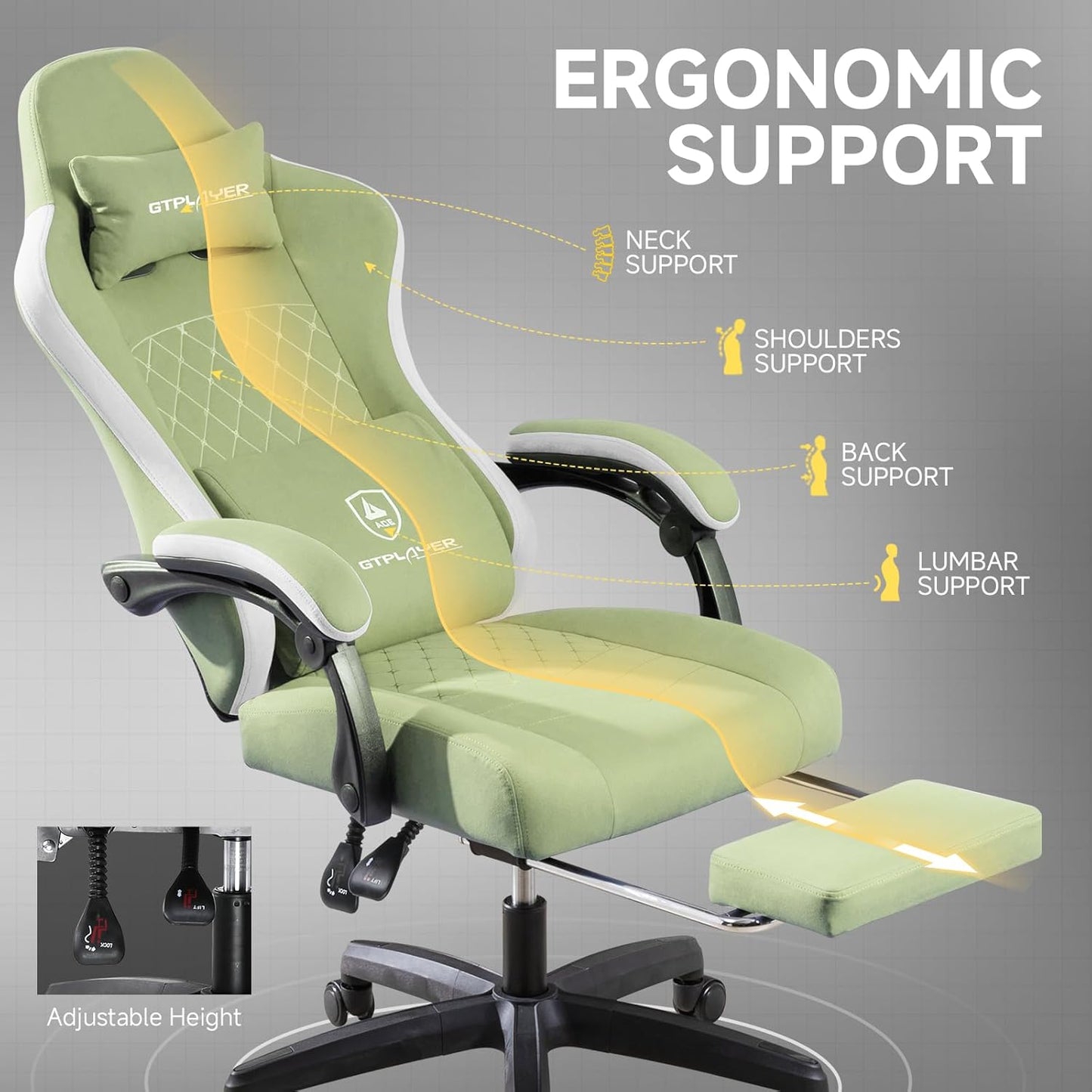 GTPLAYER Office Chair, Gaming Computer Desk Fabric Chair with Footrest, High Back Ergonomic Office Chair with Pocket Spring Lumbar Support and Linkage Armrests Adjustable Height Swivel for Home Task
