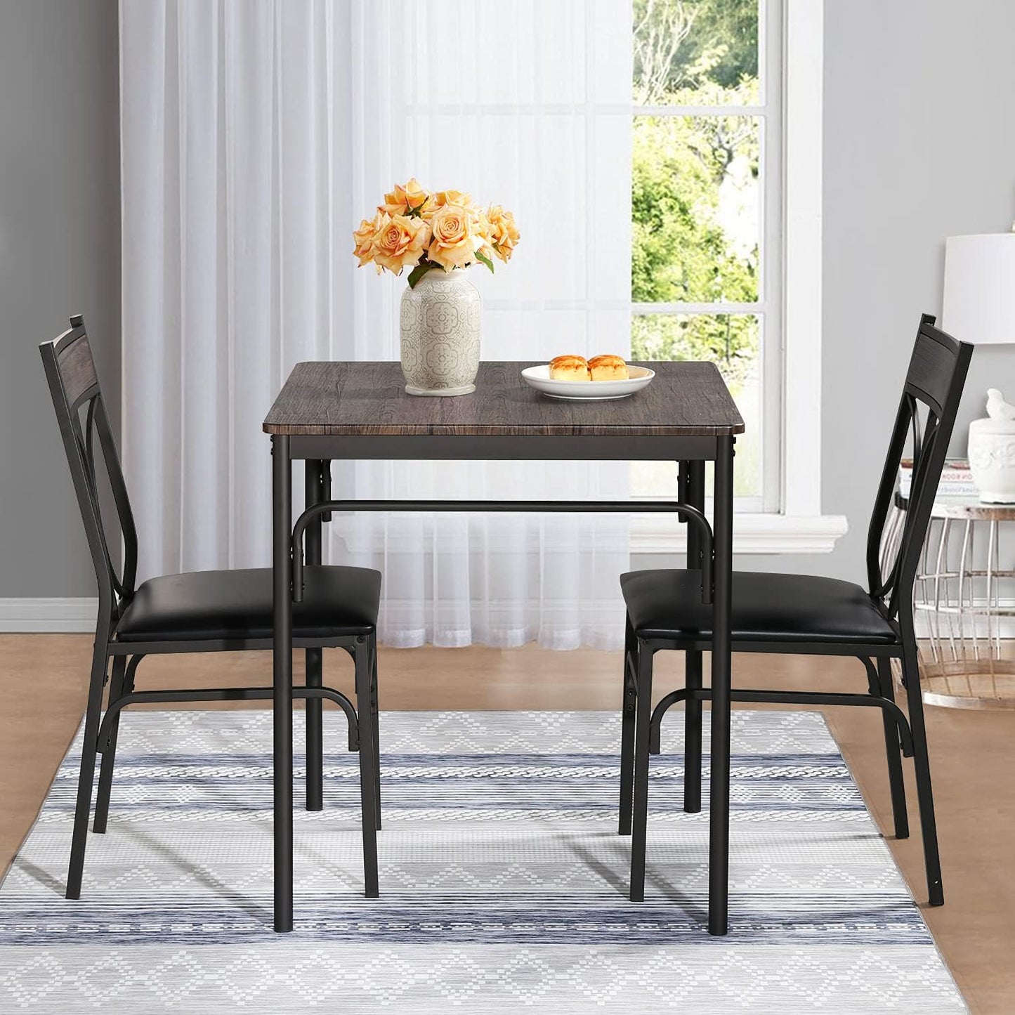 VECELO Kitchen Dining Room Table Set with 2 Chairs for Small Space, Apartment,Metal Steel Frame