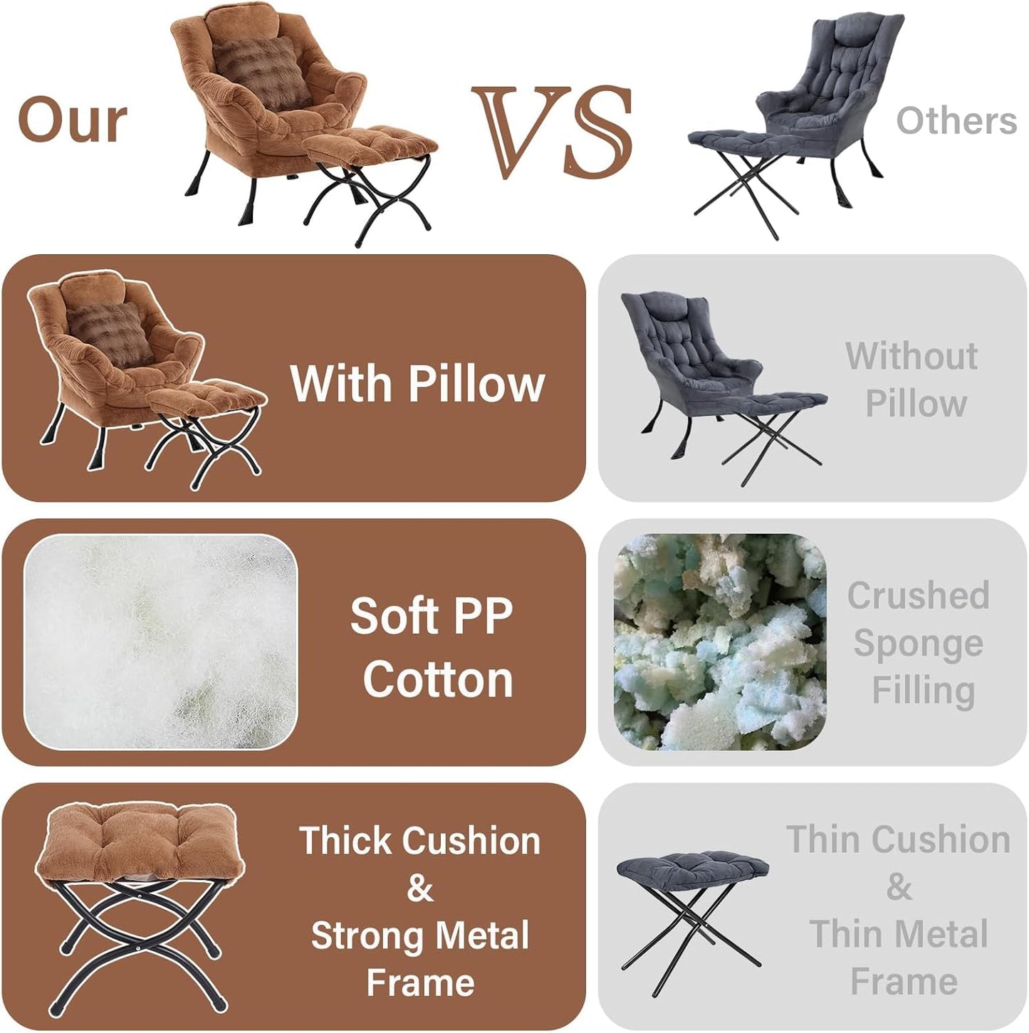 Lazy Chair with Ottoman, Comfy Reading Chair with Footstool & Throw Pillow Modern Lounge Accent Chair with Armrests & Side Pocket for Living Room, Bedroom, Dorm Room, Office, Plush Brown