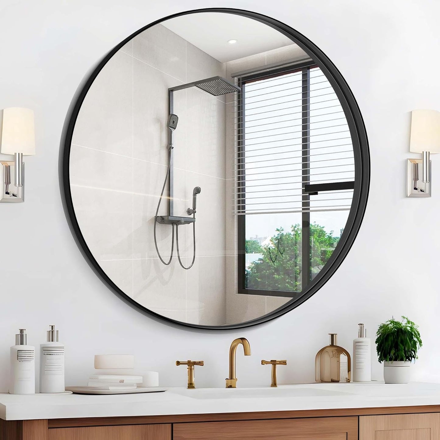 Black Round Mirror 39 inch Deep Frame Circle Mirror,Metal Frame Round Bathroom Mirror, Circle Mirrors for Wall Entryway Washroom Bedroom Living Room Hallway